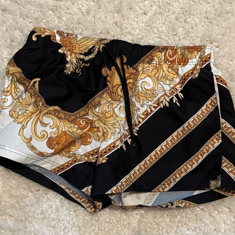 Versace Black and Gold Athletic Shorts with Baroque Design